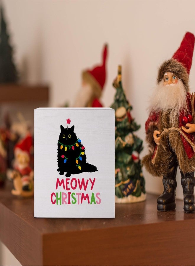 Wheatwin Meowy Christmas Wooden Sign, Cat Christmas Decorations for Bathroom Home Office Indoor Desk Shelf Mantel Table, Cat Gifts for Cat Lovers, 5x5 - Image 3